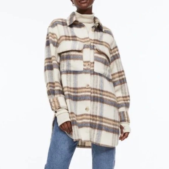 H&M Beige Plaid Wool Blend Oversized Shacket Coat - Picture 5 of 11